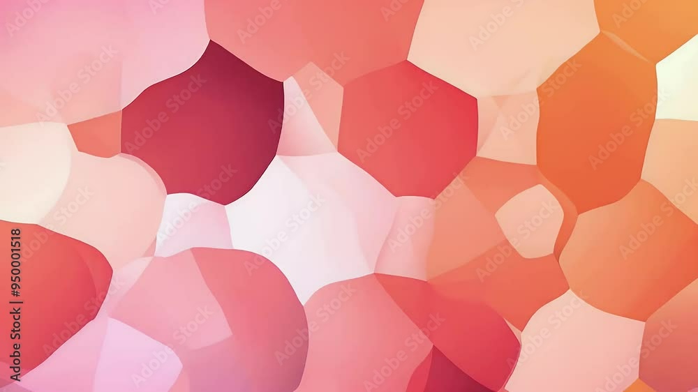 A vibrant abstract design featuring overlapping hexagonal shapes in warm pink and orange tones.