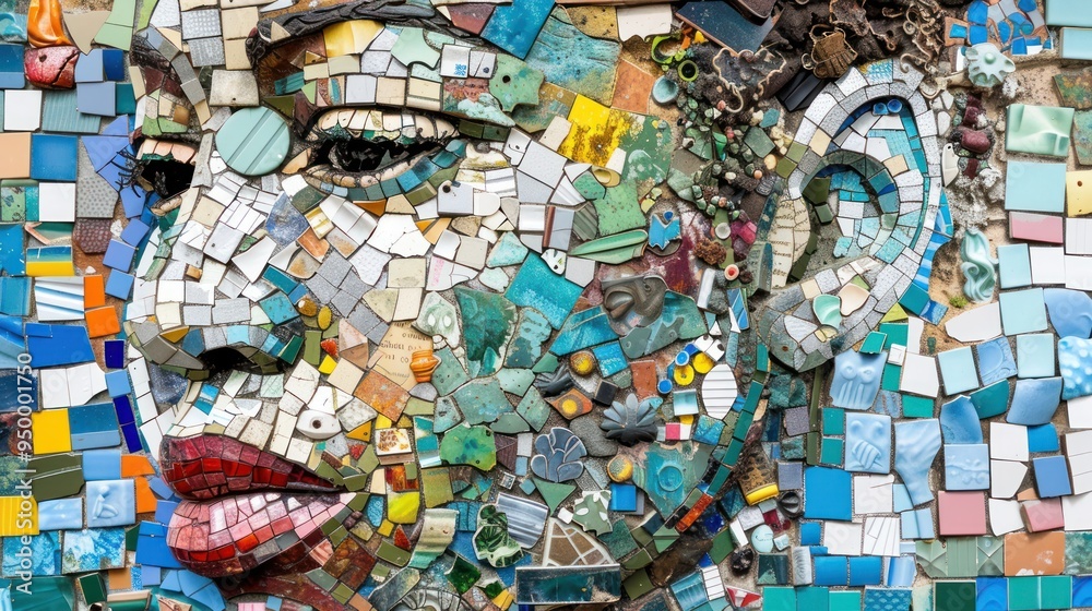 Colorful mosaic art depicting a face with red lips. Colorful mosaic art depicting a face with red lips.