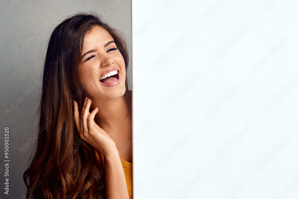 Woman, happy and blank placard in studio advertising, marketing or announcement with mockup space. Female person, laughing and empty banner for branding, news and promotion with background or logo Woman, happy and blank placard in studio advertising, marketing or announcement with mockup space. Female person, laughing and empty banner for branding, news and promotion with background or logo