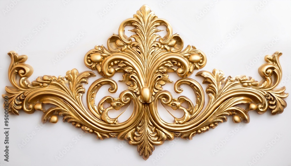 Rich gold baroque ornament delicately embossed onto a pristine white background. The intricate details and lavish curves exude opulence and sophistication. Rich gold baroque ornament delicately embossed onto a pristine white background. The intricate details and lavish curves exude opulence and sophistication.