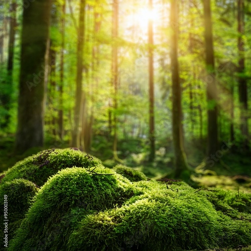 Scenery of lush green forest with blurred bokeh, moss-covered trees and sun-drenched foliage, evoking a sense of tranquility and serenity.