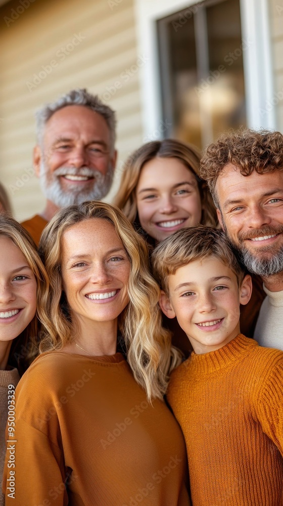 © Exnoi - A family reunion with multiple generations posing for a group photo in front of a family home, with a mix of candid smiles and posed expressions, representing the enduring connection of family