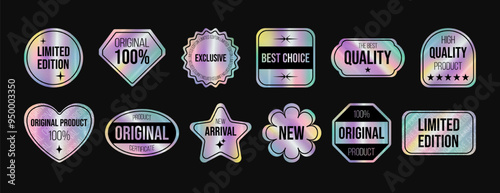 Vector set of holographic stickers for original products. Rainbow labels, stickers, tags, holograms of various shapes for certified goods. Guarantee of authenticity.