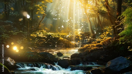 Wallpaper Mural Sunlit Forest Creek with Floating Particles and Flowing Water Torontodigital.ca
