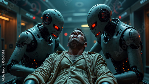 A man is being held down by two robots photo