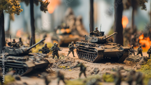 Large modern miniature battlefield with soldiers and apcs
