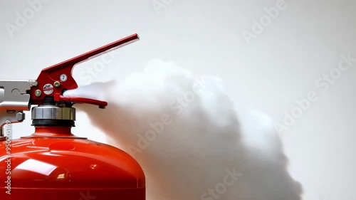 Fire extinguisher is activating, releasing on a white background