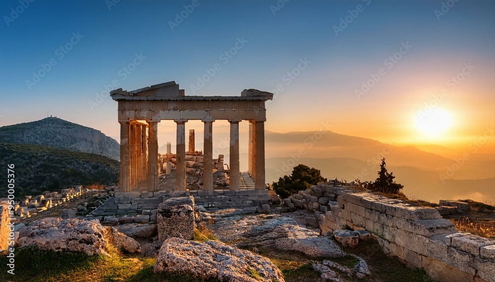 Fototapeta premium Sunrise on ancient Greek temple ruins on top of a mountain