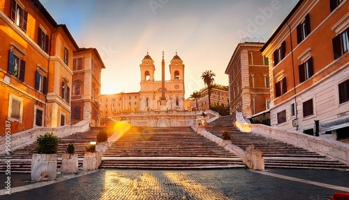 Sunset at the Spanish steps in Rome, street view of a beautiful city without any people