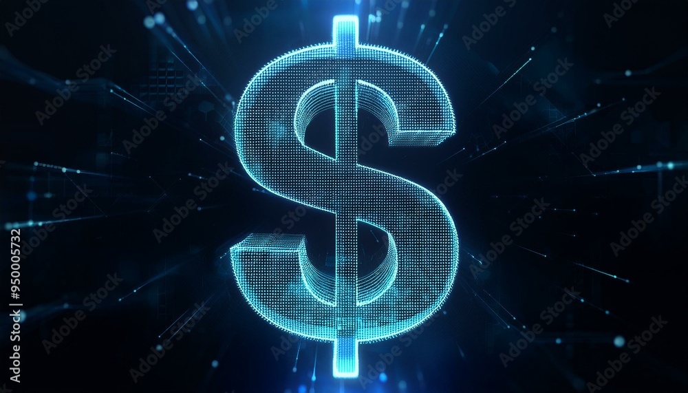 The abstract digital elements of a dollar sign fade into a dark background. 3D rendering of the Dollar Sign in Glowing mode. The abstract digital elements of a dollar sign fade into a dark background. 3D rendering of the Dollar Sign in Glowing mode.