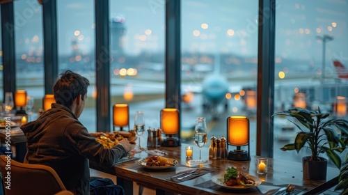Vibrant Airport Dining Experience: Traveler Enjoying Meal by Runway View Windows