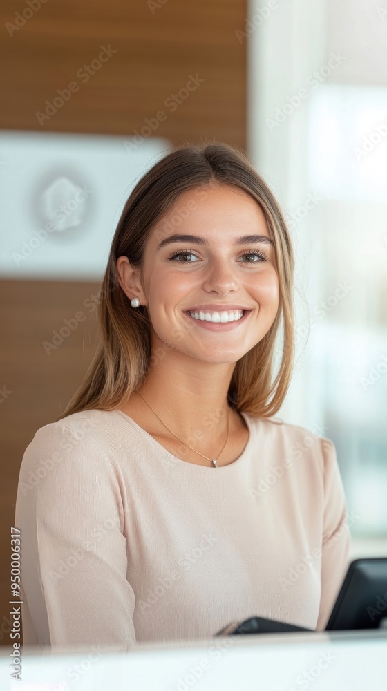 A front desk staff member checking in guests with a smile, the hotel logo subtly visible in the background, highlighting the professionalism and service quality of the hotel A front desk staff member checking in guests with a smile, the hotel logo subtly visible in the background, highlighting the professionalism and service quality of the hotel