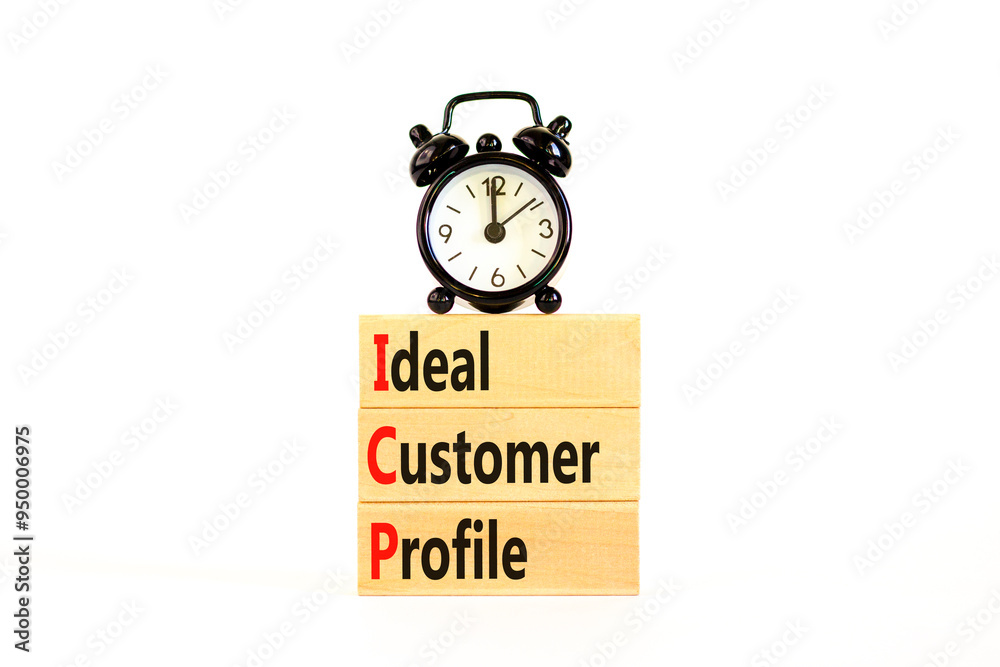 ICP ideal customer profile symbol. Concept words ICP ideal customer profile on beautiful wooden blocks. Alarm clock. Beautiful white background. Business ICP ideal customer profile concept. Copy space