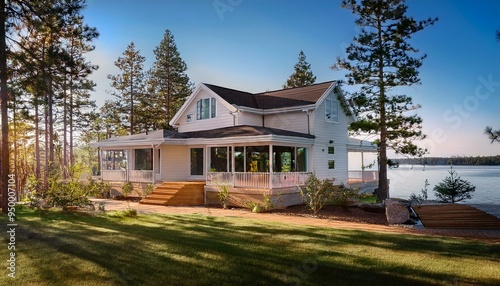 The home has a large yard and deck, lakeside views, pine trees in the background, sunlight filtering through tall pine trees and white exterior.