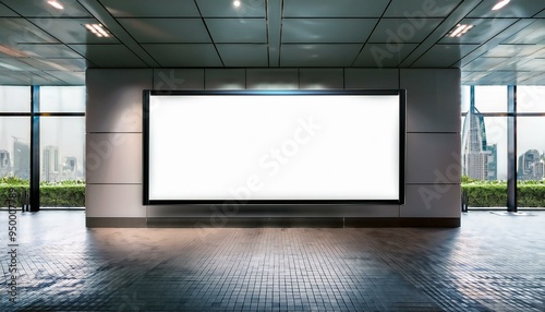 The mockup depicts a blank white digital billboard in a modern interior.