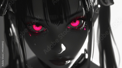 Demoness in Lofi Horror, an anime-style artwork featuring a haunting woman, set against a black and white backdrop illuminated with vibrant neon hues, perfect for widescreen wallpaper.