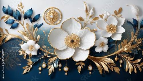 The mural features a serene white and blue background, with golden jewelry and delicate flowers, all set against a lavish black decor.