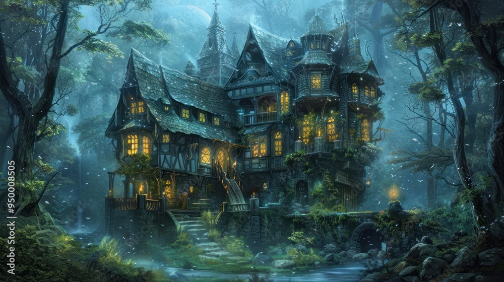 Obraz premium Enchanting Medieval Manor in a Misty Forest.