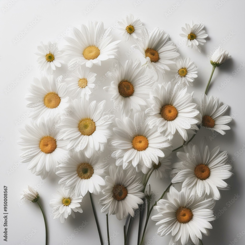 The serene beauty of white daisies and a white flower on a white wall in monochromatic harmony