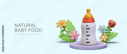 Concept of natural food for babies. Realistic feeding bottle filled with milk stands on stage