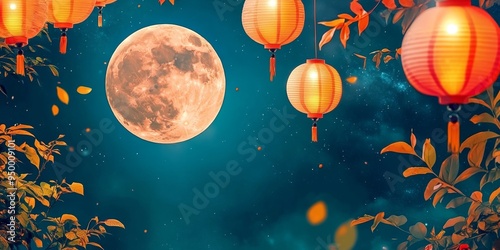 Enchanting Mid-Autumn Festival Banner: Vibrant Full Moon and Colorful Lanterns Illuminate Night Sky. Abstract Chinese Holiday Celebration Design for Posters, UI, Web, and Marketing. Elegant Minimal Co