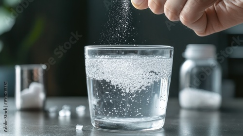 A hand dropping collagen peptides into a glass of water, with a focus on the clear, dissolving powder.