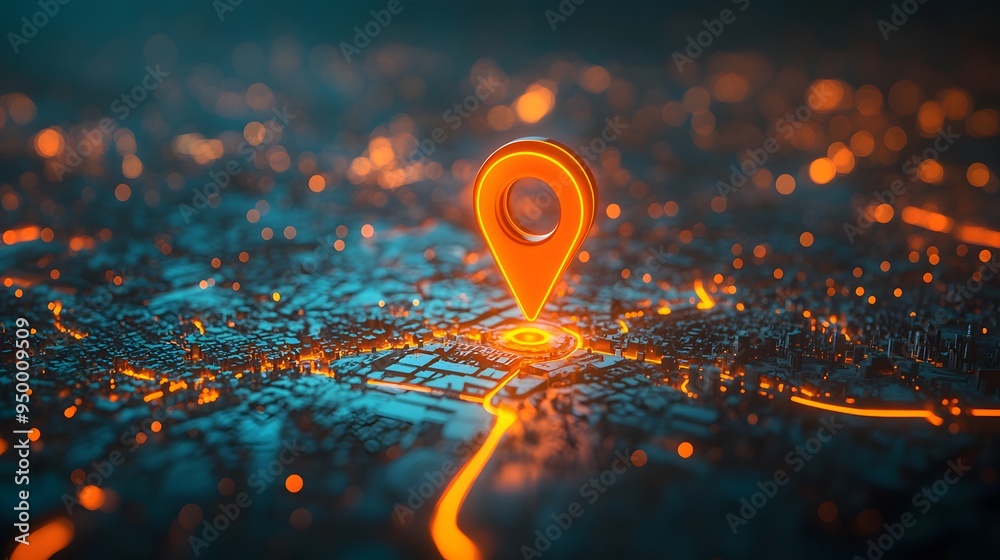 Bright location pin icon, glowing orange, hovering over detailed city map, shallow depth of field, soft bokeh lights in background, vibrant colors, digital cartography concept. Bright location pin icon, glowing orange, hovering over detailed city map, shallow depth of field, soft bokeh lights in background, vibrant colors, digital cartography concept.