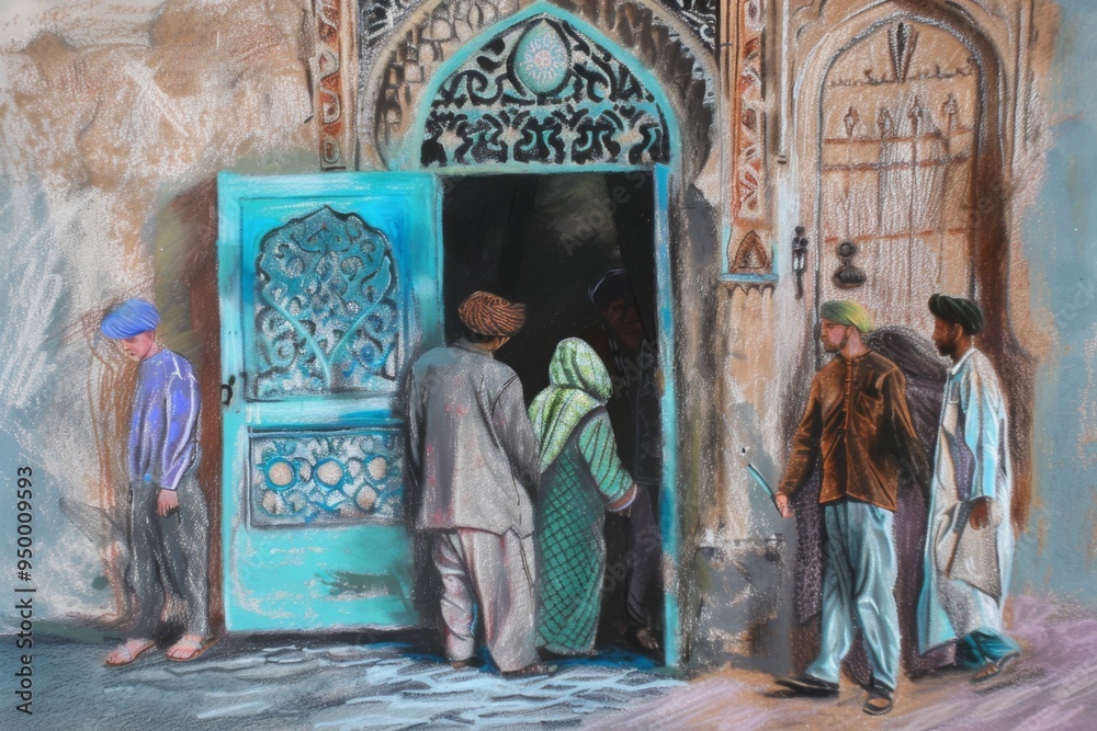 A group of men are standing outside a blue door. The door is open and the men are looking inside. Scene is one of curiosity and anticipation A group of men are standing outside a blue door. The door is open and the men are looking inside. Scene is one of curiosity and anticipation