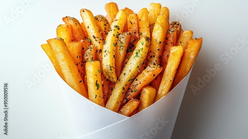 Golden French fries in a white paper cone, isolated on a white background