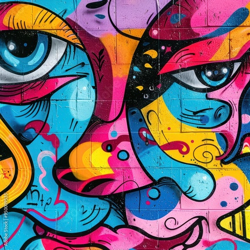 Colorful Graffiti Art on a Brick Wall with Eyes