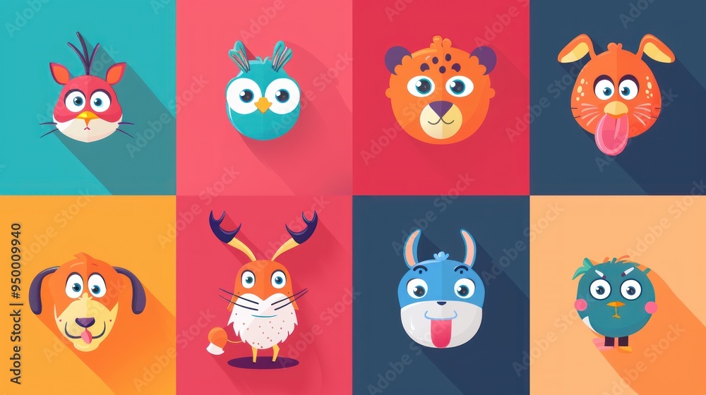 Cartoon Animal Icons with Flat Design. Cartoon Animal Icons with Flat Design.