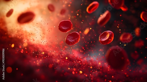 Bright microscopic view of red blood cells, floating in plasma, vibrant red color, dynamic motion, 3D rendering, scientific visualization, medical illustration, glowing particles.