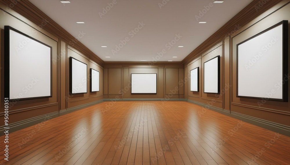 This is a 3D rendering of a corridor wall with blank posters, hardwood floors and a concept of an art gallery. This is a 3D rendering of a corridor wall with blank posters, hardwood floors and a concept of an art gallery.
