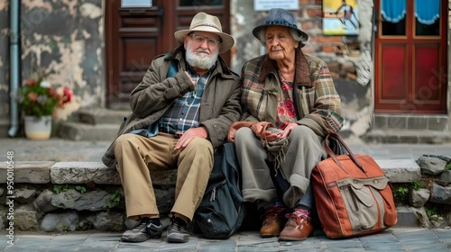 Weary Elderly Couple Resting in Small Village Square After Tiring Travel Adventure