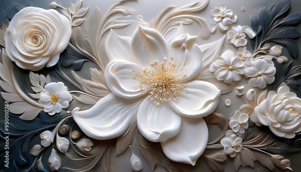 Through the relief technique, meticulously crafted on canvas, this ode to white and rare flowers evokes ethereal beauty Through the relief technique, meticulously crafted on canvas, this ode to white and rare flowers evokes ethereal beauty