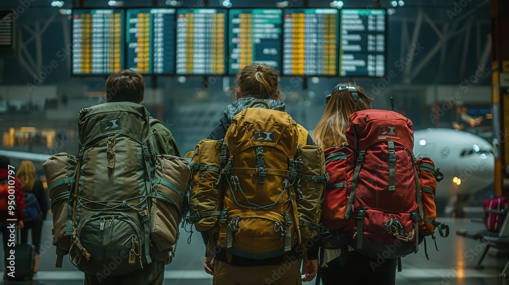 Excited Friends Planning Next Adventure at Airport Departure Board Excited Friends Planning Next Adventure at Airport Departure Board