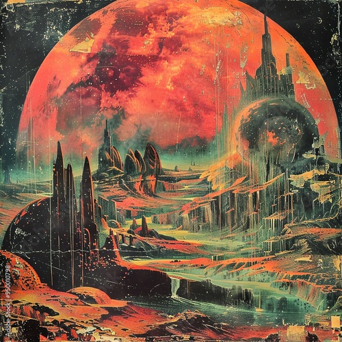 Dark sci-fi landscape illustration with surrealism added and vintage style