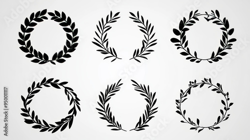 Vector set of black laurel wreaths, featuring circular foliate branches. Silhouettes of laurel wreaths, ideal for trophy crests, Greek olive branch awards, or winner emblems.  photo