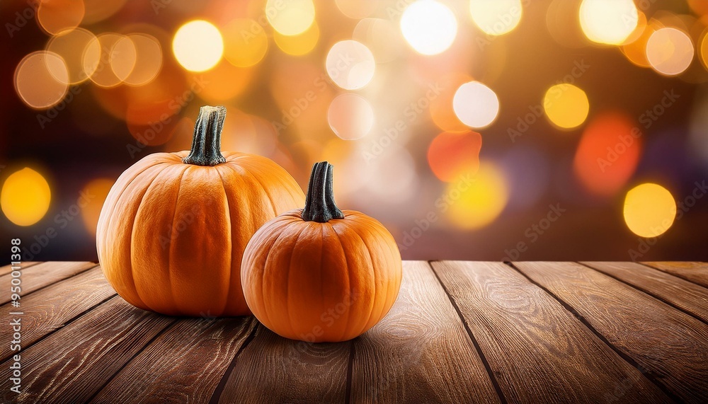 Two pumpkins on wooden table on blurred bokeh style background, Generative AI Two pumpkins on wooden table on blurred bokeh style background, Generative AI