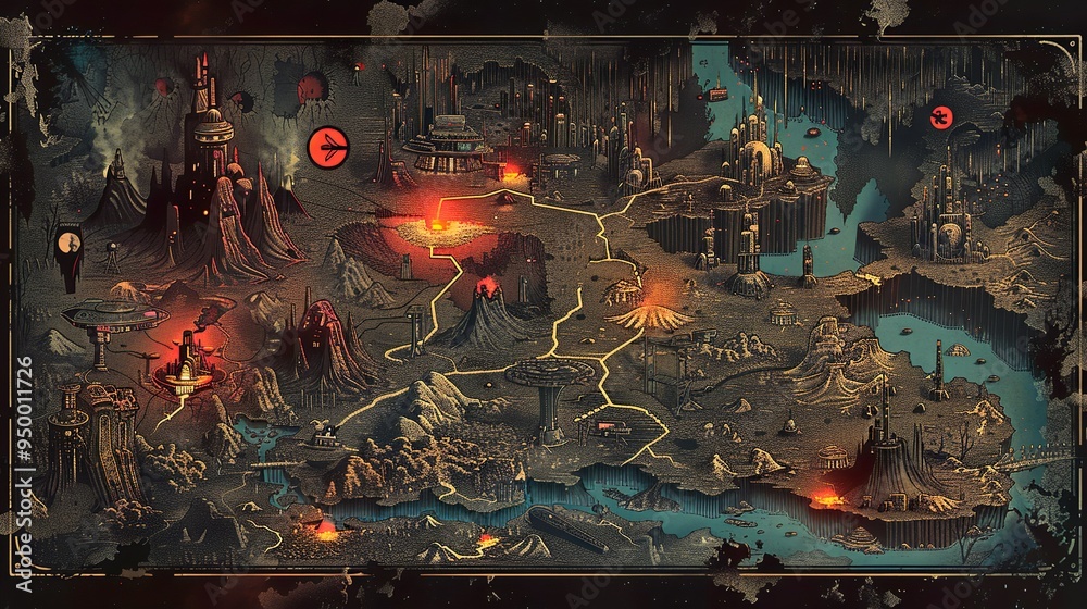 Dark fantasy landscape map with cities and roads and uncharted ...