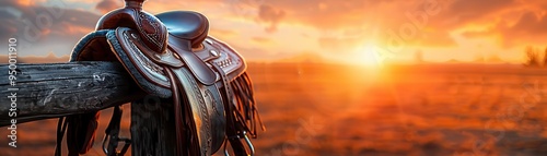 Horse saddle on a fence post, rustic and worn, Vintage, Warm tones, Photograph, Equestrian detail