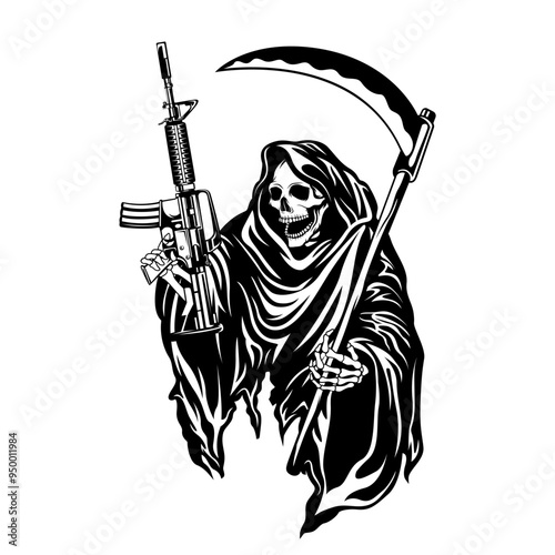 Grim Reaper | Grim Reaper w/Rifle | Reaper | Angel of Death | Soul Collector | Skeleton | Halloween | Grim with Gun | Original Illustration | Vector and Clipart | Cutfile and Stencil