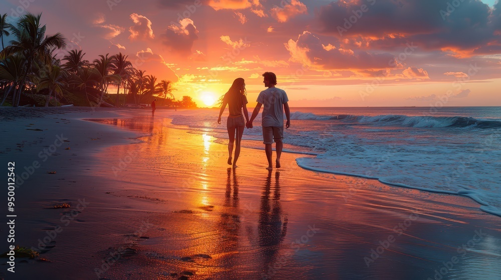 Serene Sunset Stroll - Romantic Young Couple Walking Hand in Hand on Palm-Lined Beach at Dusk with Orange and Pink Sky Serene Sunset Stroll - Romantic Young Couple Walking Hand in Hand on Palm-Lined Beach at Dusk with Orange and Pink Sky