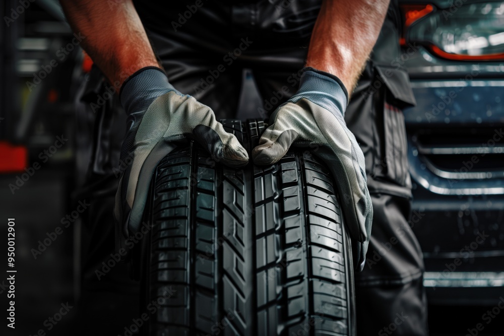 Fototapeta premium tire service and employee's hands