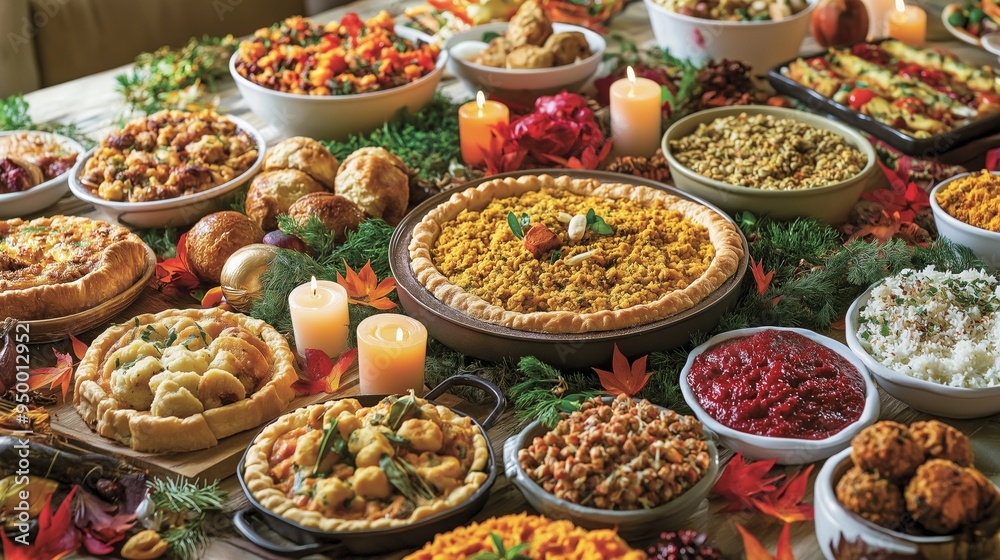 A multicultural Thanksgiving potluck featuring diverse dishes and decorations highlighting autumn warmth A multicultural Thanksgiving potluck featuring diverse dishes and decorations highlighting autumn warmth