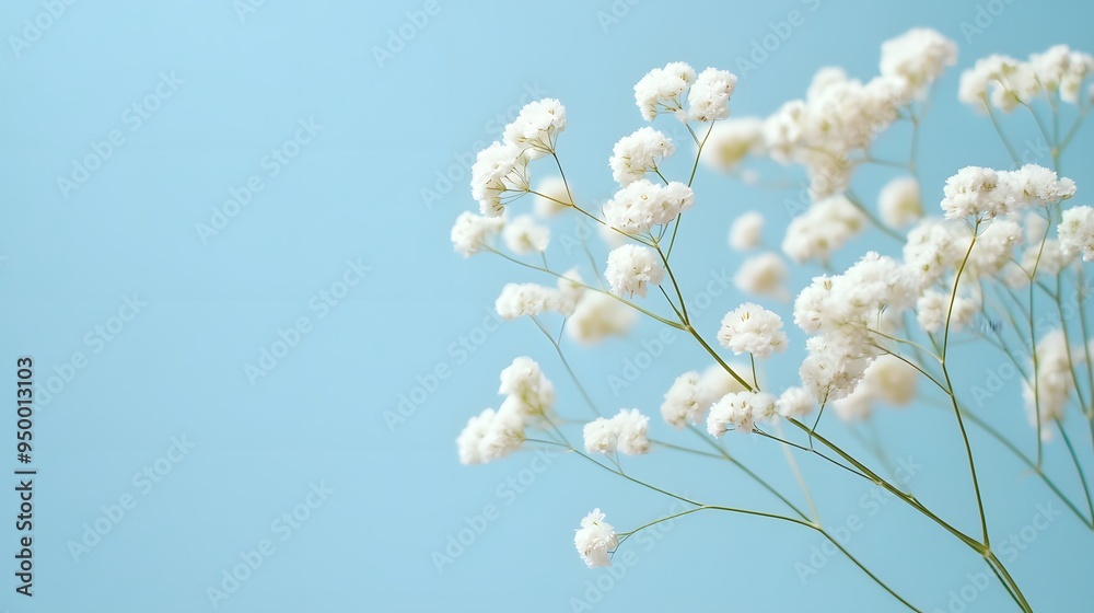 Delicate white baby's breath flowers, pale blue background, minimalist floral arrangement, soft focus, pastel color palette, gentle natural lighting. Delicate white baby's breath flowers, pale blue background, minimalist floral arrangement, soft focus, pastel color palette, gentle natural lighting.