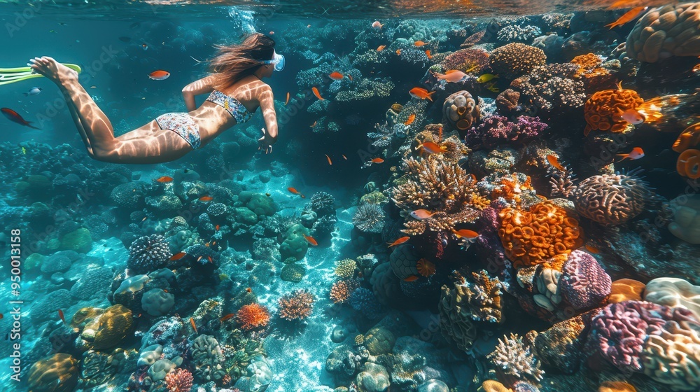Underwater Paradise - Woman Snorkeling in Vibrant Tropical Reef with Colorful Fish and Coral
