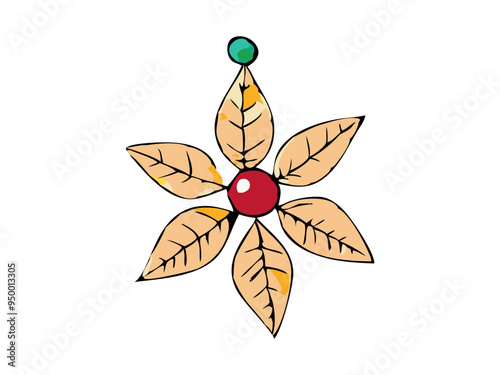 Illustrated Christmas ornament in the shape of a star with beige leaves and a red center on a white background. Concept of holiday decoration, festive decor, Christmas design, seasonal ornament.