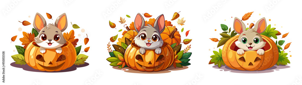 Set of cute bunnies popping out of carved pumpkins, surrounded by autumn leaves. Concept of Halloween, the fall season, adorable animals. Suitable for print, design elements, graphic art, clip art Set of cute bunnies popping out of carved pumpkins, surrounded by autumn leaves. Concept of Halloween, the fall season, adorable animals. Suitable for print, design elements, graphic art, clip art