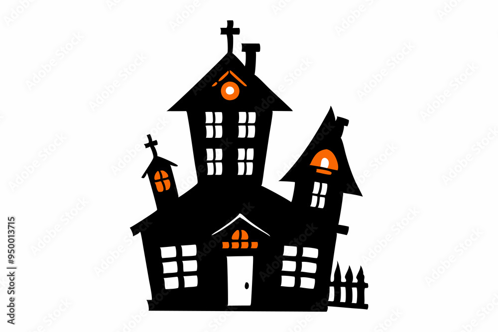 Black silhouette of a haunted house with glowing windows isolated on a white background. Concept of Halloween, spooky mansion, ghost house, minimalist style. Print, design element, illustration. Black silhouette of a haunted house with glowing windows isolated on a white background. Concept of Halloween, spooky mansion, ghost house, minimalist style. Print, design element, illustration.